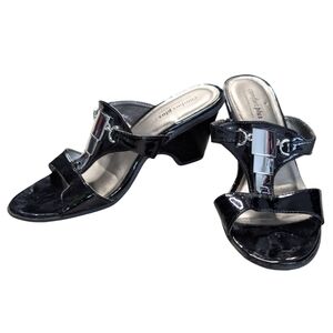 Predicitions Women's 7 Black Heeled Muled Sandals with Silver Metal Detail‎